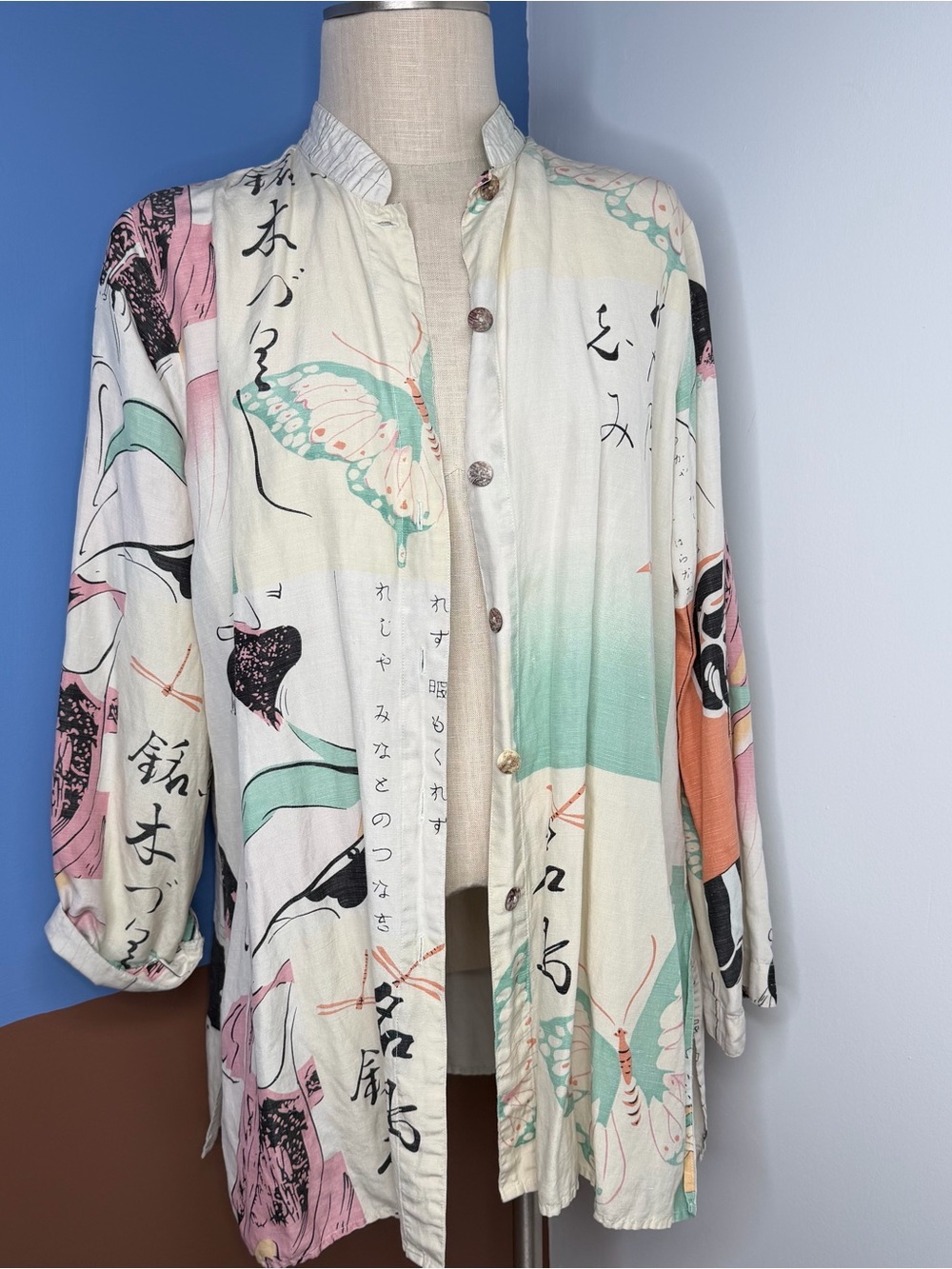 Vintage Citron Santa Monica Butterfly Print Button-Front Shirt Jacket Silk Linen - Picture 2 of 8
